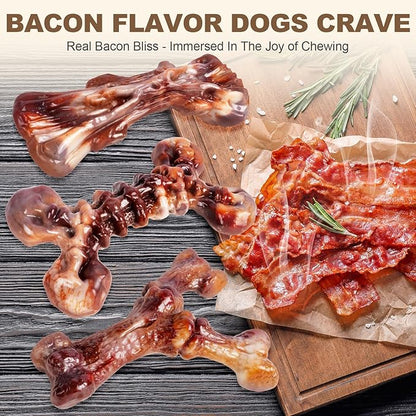 Kseroo Indestructible Dog Toys for Aggressive Chewers 3-Pack: Bacon Flavored Dog Chew Toys, Tough Dog Toys for Medium & Large Dogs (20-90lbs), Heavy Duty Nylon Dog Bone Toys to Keep Them Busy, Brown