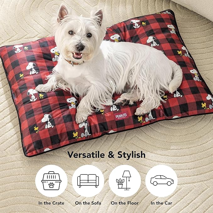 Berkshire Peanuts® Square Dog Bed, Suedemink Fleece Pet Mat with Waterproof & Non-Slip Bottom, Soft Plush Dog Mat for Crate, Couch, or Floor, Machine Washable(Snoopy Everyday Buffalo Plaid, Medium)