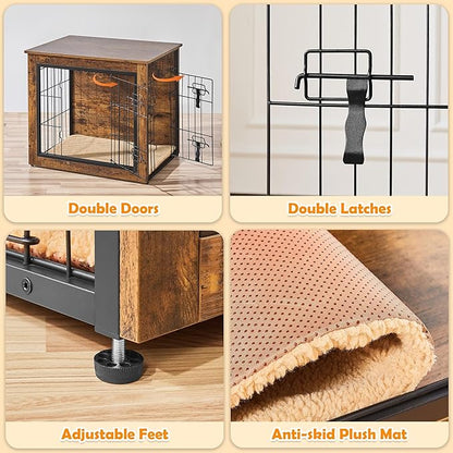 Yaheetech 27.5 Inch Dog Crate Furniture with Cushion, Wooden Dog Kennel with Double Door Side End Table with Adjustable Feet for Small Medium Dogs