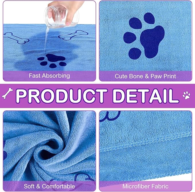 Chumia 8 Pcs Dog Towels for Drying Dogs Cats Pet Towels Bulk Puppy Microfiber Fast Drying Paw Bath Bathing Supplies Absorbent for Medium Pets(55 x 28 Inch,Dog Paw and Bone,Classic Color)