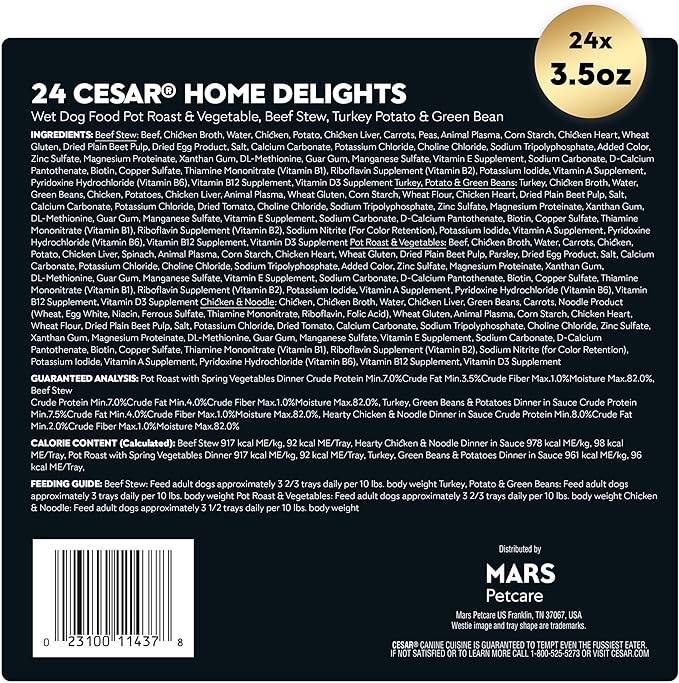 Cesar Home Delights Adult Wet Dog Food, Pot Roast with Spring Vegetables, Beef Stew, Turkey, Green Beans, & Potatoes, and Hearty Chicken & Noodle Dinner in Sauce Variety Pack, 3.5 oz. 24 Count