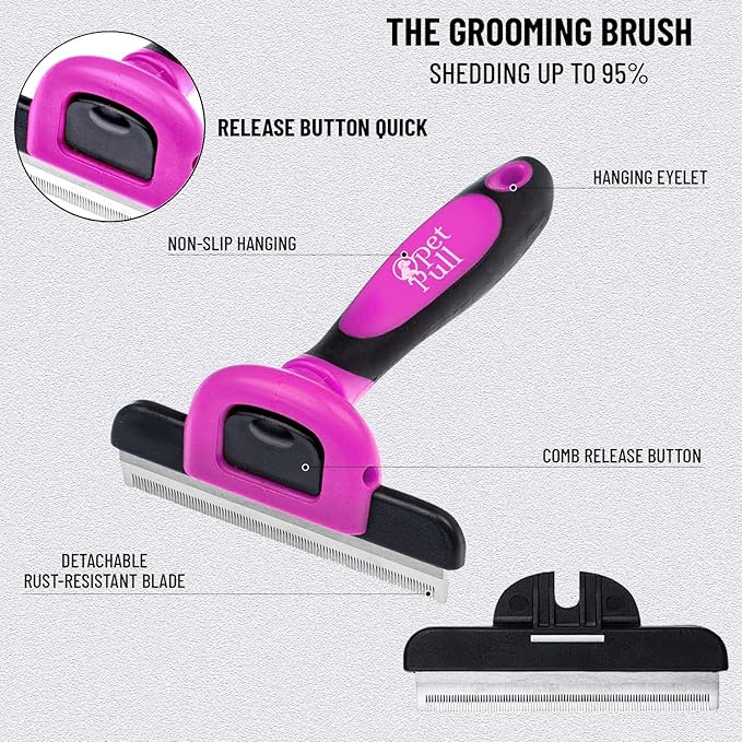 Complete Professional Pet Grooming Kit With Hair Removal Tool, Gloves, Self Cleaning Slicker Brush, and Pro Dog Deshedder Comb to Reduce Shedding (Pink)