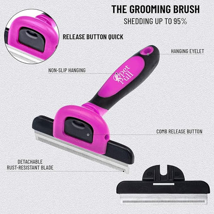 Complete Professional Pet Grooming Kit With Hair Removal Tool, Gloves, Self Cleaning Slicker Brush, and Pro Dog Deshedder Comb to Reduce Shedding (Pink)