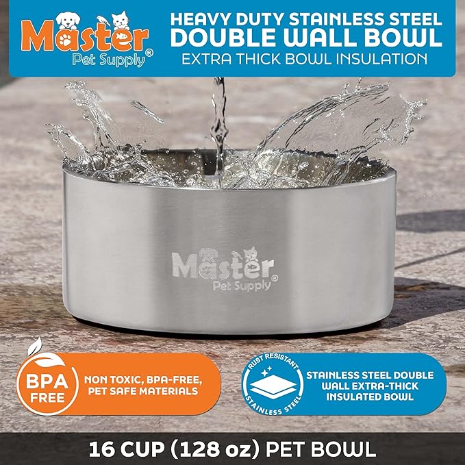 Master Pet Supply Stainless Steel Dog Bowls - 128 oz, Heavy Duty - Stainless Steel, Double Wall Extra-Thick Insulated, Non-Slip Pet Water Bowl for Dogs, Cats & Pets, Anti Rust Metal, Dish Washer Safe