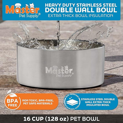 Master Pet Supply Stainless Steel Dog Bowls - 128 oz, Heavy Duty - Stainless Steel, Double Wall Extra-Thick Insulated, Non-Slip Pet Water Bowl for Dogs, Cats & Pets, Anti Rust Metal, Dish Washer Safe