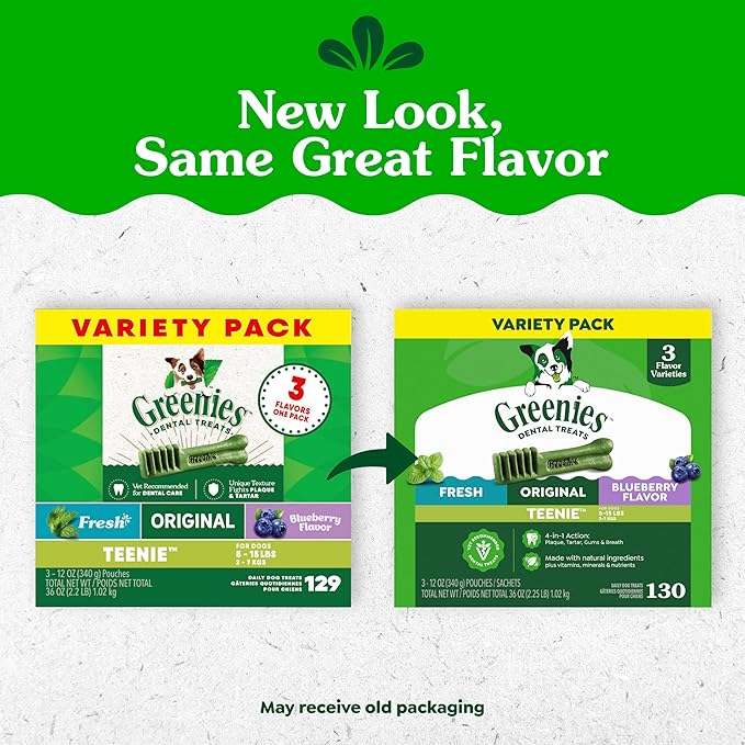 Greenies Dog Treats Veterinarian-Recommended Natural Dental Treats for Dogs, Teenie Size, Variety Pack Flavor, (3) 12 oz. Packs, 130 Count