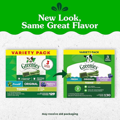 Greenies Dog Treats Veterinarian-Recommended Natural Dental Treats for Dogs, Teenie Size, Variety Pack Flavor, (3) 12 oz. Packs, 130 Count