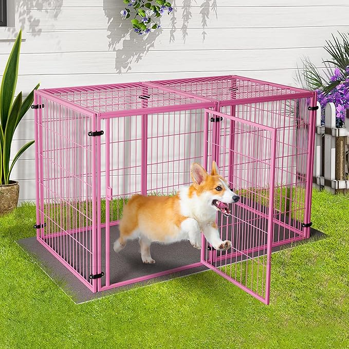XPIY Large Dog Crate – 57 Inch Metal Kennel for Medium and Small Dogs, Safe Indoor & Outdoor XL Big Puppy Bottomless Cage with Comfort Mat, Pet Playpen Yard, Dog Fence Playpen (Pink)