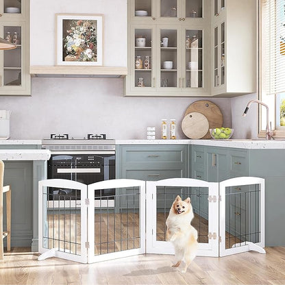 PAWLAND Freestanding Dog gate with Walk Through Door, Dog Gates for Doorways, The House, Stairs, 80" Wide Pet Puppy Safety Fence with Support Feet, 4 Panels, White