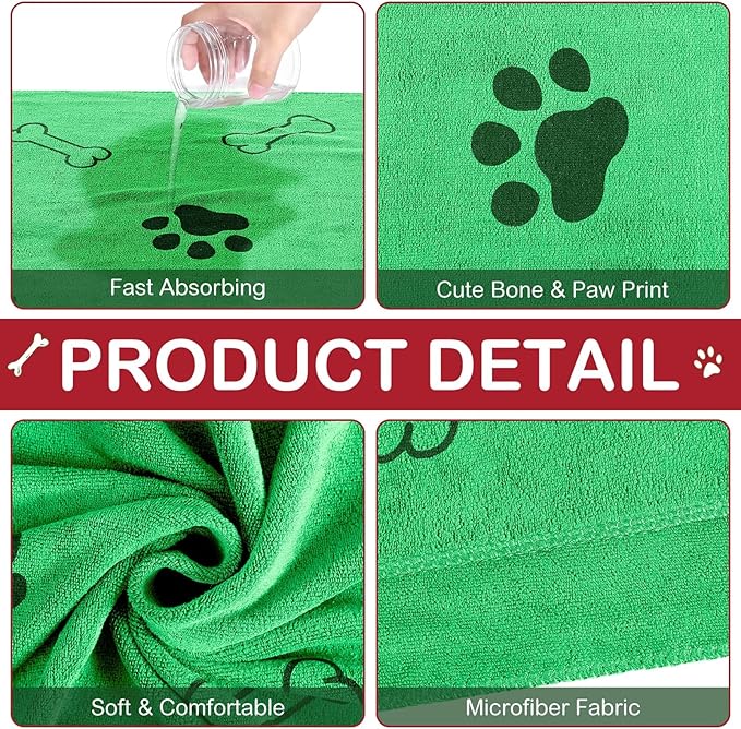 Chumia 8 Pcs Dog Towels for Drying Dogs Cats Pet Towels Bulk Puppy Microfiber Fast Drying Paw Bath Bathing Supplies Absorbent for Medium Pets(40 x 24 Inch,Dog Paw and Bone,Christmas Color)