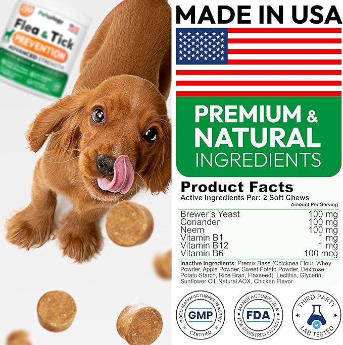 Flea and Tick Prevention for Dogs Pills - 250 Soft Chews - Natural Dog Flea & Tick Control - Oral Defense Treatment for Dogs Supplement - Vet Formulated Chews - All Breeds & Ages - Made in USA