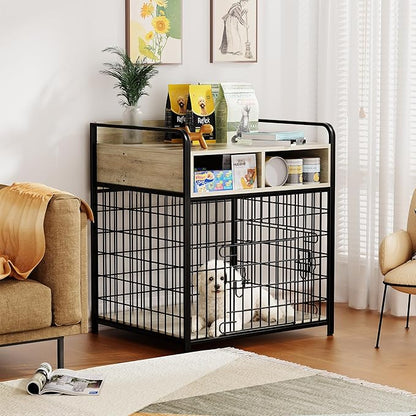 Kepptory Small Dog Crate Furniture with Drawers Storage, Puppy Dog Kennel Indoor with Double Doors, Heavy Duty Wooden Dog Cage Table, Sturdy Metal, Gray