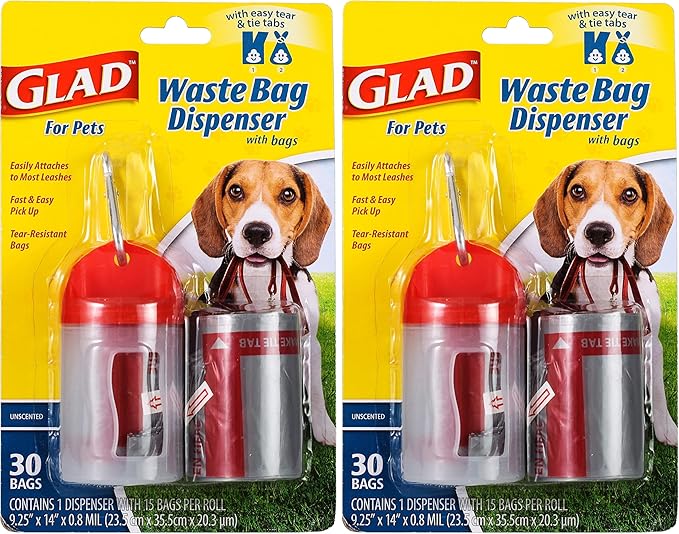 Glad for Pets Extra Large Unscented Heavy Duty Dog Waste Bags with Dispenser and Metal Clip | Plastic Disposable Poop Bags for Dogs, Easy to Use for Dog Walking, 30 Count (Pack of 2)