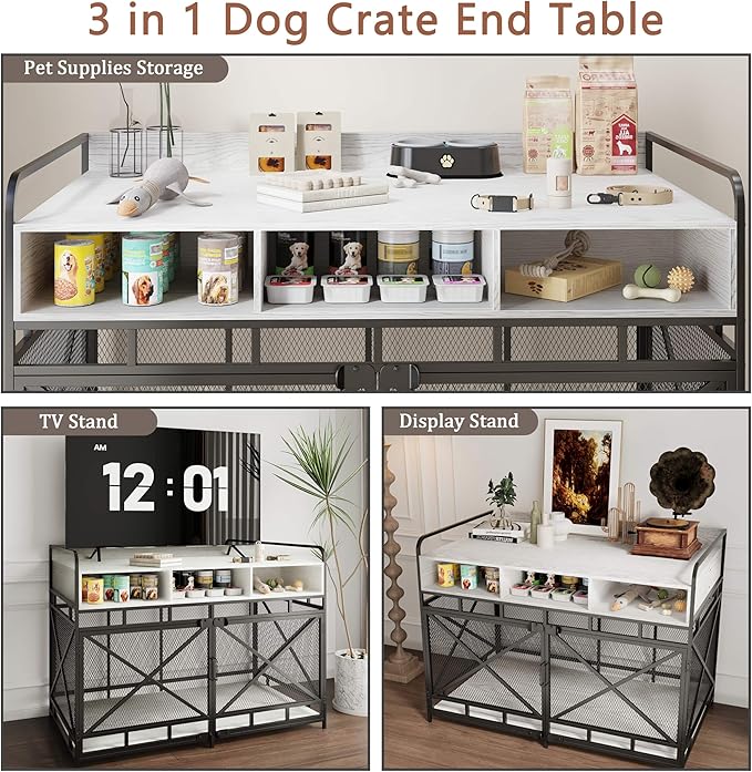 Fulhope Dog Crate Furniture, 48" Heavy Duty Wooden Dog Crate End Table, XL Dog Kennel Furniture Large Breed, Decorative Dog Kennel Indoor with 3 Drawers & Steel Tubes 48" L x28 W x36 H (White)