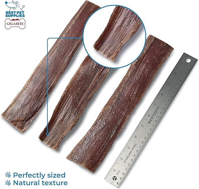 GigaBite Beef Esophagus Dog Treats - Natural Gullet Sticks for Dogs, High Protein Single Ingredient Dog Chews, Rawhide Free Dental Dog Treats for All Dog Breeds - Strips (10 inch), Pack of 18