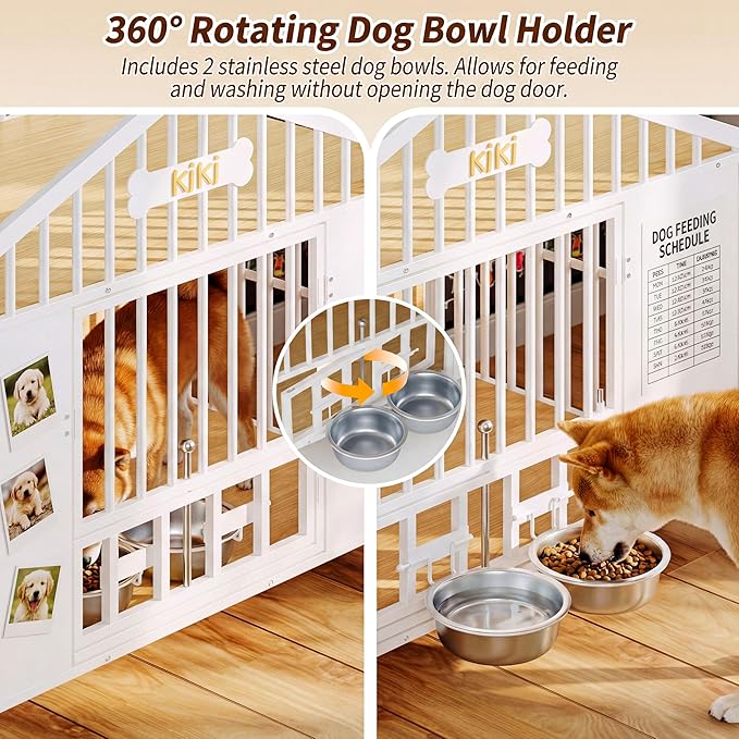 IRONCK 41.3" Dog Crate Furniture with 2 DIY Frame, Heavy Duty Pet Crates with 2 Rotatable Dog Bowls & Name Tag, Decorative Roof Shape Dog Kennel Indoor with 5 Wheels for Medium Dogs, White
