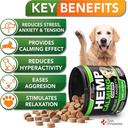 Hemp Calming Chews for Dogs with Anxiety and Stress - Dog Calming Treats - Anxiety Relief - Separation - Travel - Barking - Melatonin - Hemp Oil - 120 Soft Treats - Made in USA
