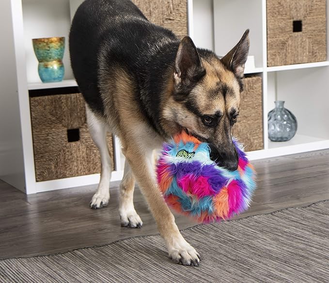 goDog Furballz Squeaky Plush Ball Dog Toy, Chew Guard Technology - Cool Rainbow, Large