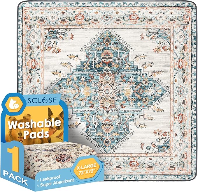 SCLOSE Washable Pee Pad for Dogs Extra Large, 72" x 72" Reusable Puppy Pads Waterproof Dog Rugs, Super Absorbent, Leakproof, Dog Crate Pad, Playpen Mat, Whelping Pads, Blue Medallion