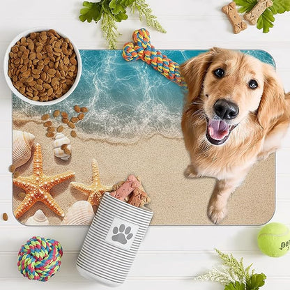 Beach Starfish Dog Food Mat for Floors,Cute Seashell Absorbent Pet Food and Water Bowl Mats,Non-Slip Pet Feeding Mat,Pet Supplies 16" x 24"