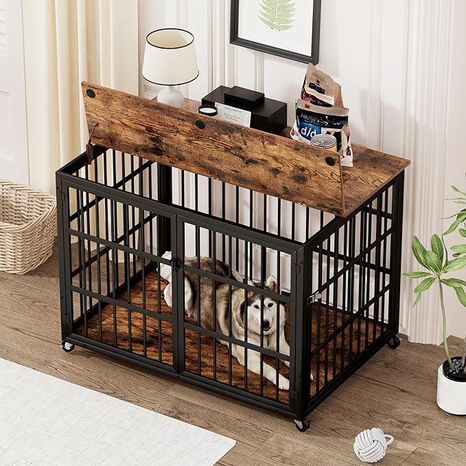 Aoowow Dog Crate Furniture for Small Medium Dogs, 43.3" Dog Kennel Indoor End Table with Side Doors, Iron Heavy Duty Dog Cage with Wheels, Rustic Brown