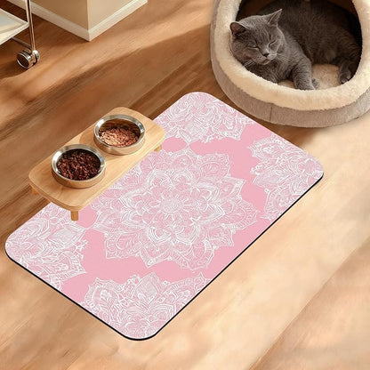 Pet Feeding Mat,Boho Mandala Absorbent Dog Cat Food Mat Pink Flower Dog Mat with Rubber Backing,Non-Slip Water Bowl Placemat,Pet Supplies 12" x 20"