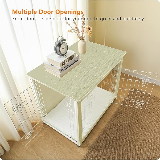 DWANTON Dog Crate Furniture with Cushion, Wooden Kennel Table with Double Doors, Indoor Dog House, Medium Size, 32.5" L, White Oak