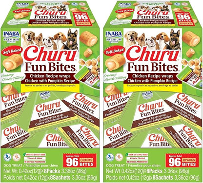 INABA Churu Fun Bites for Dogs, Soft & Chewy Baked Chicken Wrapped Filled Dog Treats with Vitamin E, 0.42 Ounces per Tetra, 8 Tetras per Box, Chicken with Pumpkin Recipe (Pack of 2)