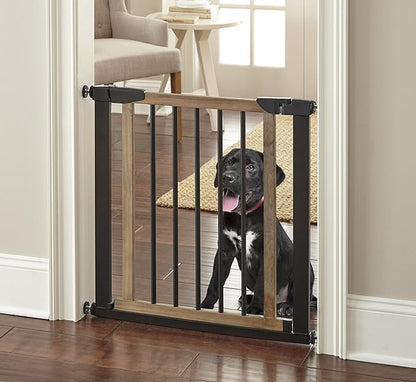 NMN Designs Logan Dog Gate - Indoor Pet Barrier and Wooden Dog Gate with Walk Through Swinging Door - Pressure Mounted for Walls and Stairs - Puppy Gates for the House - Expandable 29.5" to 51.5"