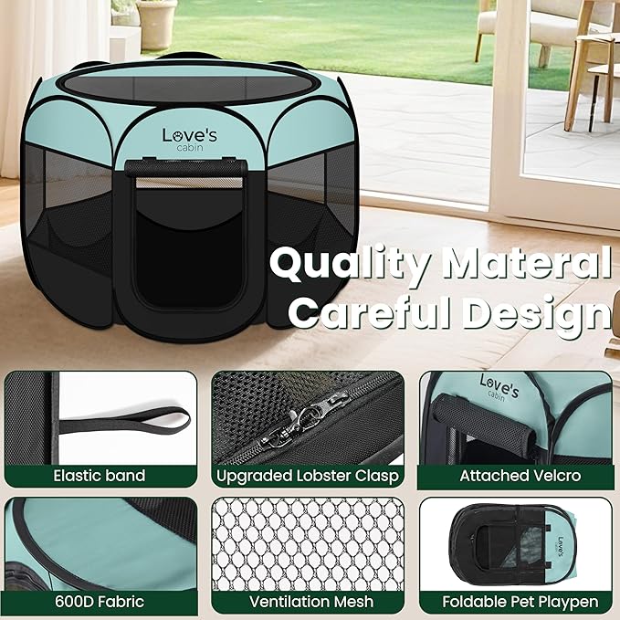 Love's cabin Pet Puppy Dog Playpen, Medium Dog Tent Crates Cage Indoor/Outdoor, Portable Playpen for Cat, Foldable Pop Up Dog Kennel Playpen with Carring Case, Removable Zipper Top, Green