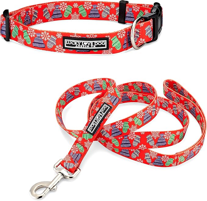 Lucky Love Dog, Winter Stocking Caps and Mittens Dog Collar and Leash Set, Matching Snowflakes Collar and Leash for Male and Female Dogs - (Small, Chilly Combo)