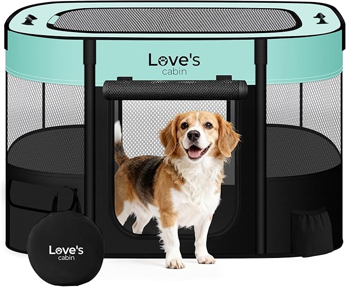 Love's cabin Pet Puppy Dog Playpen, Large Dog Tent Crates Cage Indoor/Outdoor, Portable Exercise Playpen for Dog and Cat, Foldable Pop Up Dog Kennel Playpen with Carring Case (L, Green)
