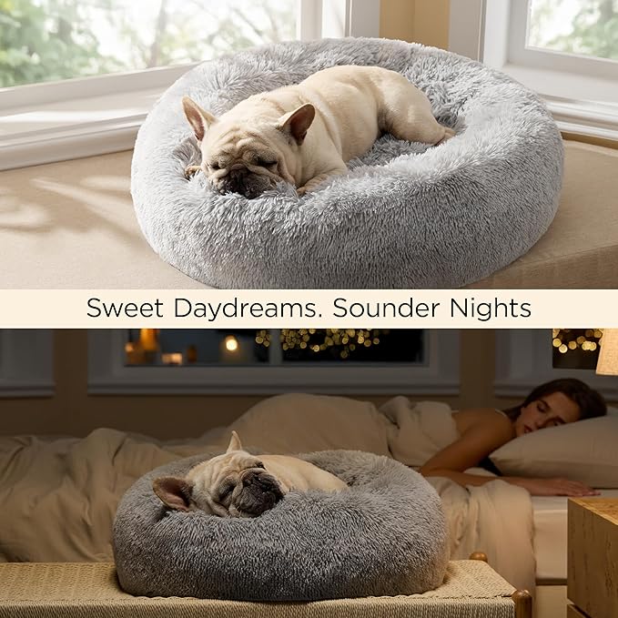 Bedsure Calming Cat Beds for Indoor Cats - Small Cat Bed Washable 20 inches, Anti-Slip Round Fluffy Plush Faux Fur Pet Bed, Fits up to 15 lbs Pets, Pale Grey