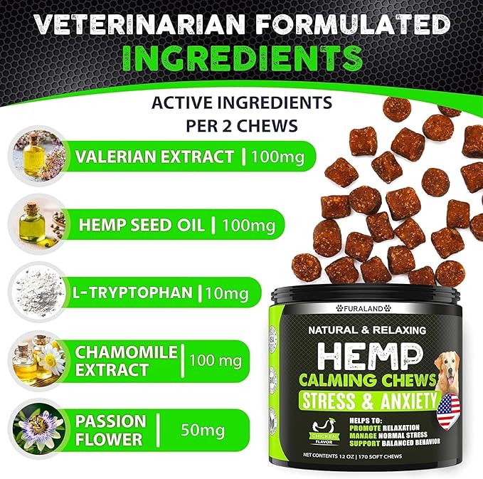 Hemp Calming Chews for Dogs with Anxiety and Stress - 170 Dog Calming Treats - Storms, Barking, Separation - Valerian Root - Melatonin - Hemp Oil - Dog Anxiety Relief - Made in USA | Soft Chews