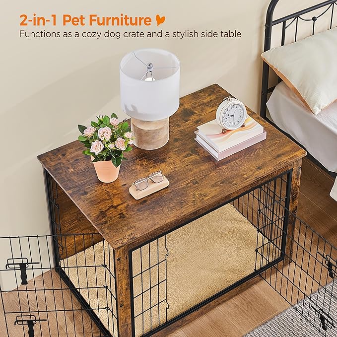 Yaheetech 38'' Dog Crate Furniture with Cushion Wooden Dog Crate with Double Doors/Adjustable Feet Side End Table for Medium/Large Dogs, 37.80" L x 25.59" W x 26.57" H