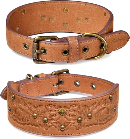 Blueberry Pet Premium Embossed Silver-Powered Freshness Microfiber Suede Leather Dog Collar in Saddle Brown