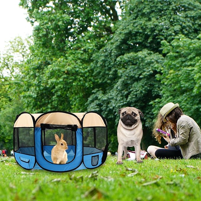 Pet Cat Playpen for Indoor Cats,Puppy Small Dog Cat Tent Crates Cage,Portable Pet Dog Playpen,29x29x16,Blue/Beige,1Pack