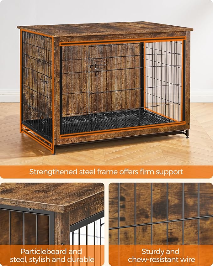 Feandrea 44.1" Dog Crate Furniture, Indoor Dog Cage Side End Table, XL Pet Wood Kennel for Large and Medium Dogs up to 80 lb with Multi-Purpose Removable Tray, Double-Door Pet House, Rustic Brown