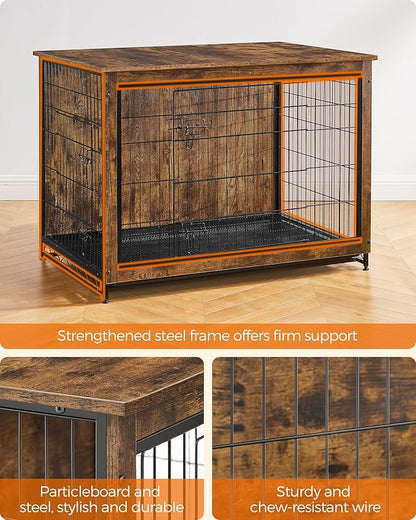 Feandrea 44.1" Dog Crate Furniture, Indoor Dog Cage Side End Table, XL Pet Wood Kennel for Large and Medium Dogs up to 80 lb with Multi-Purpose Removable Tray, Double-Door Pet House, Rustic Brown