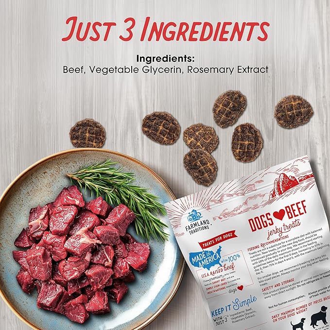 Farmland Traditions Dogs Love Beef Jerky Dog Treats with Only 3 Ingredients and No Fillers, 13.5 Ounce Bag