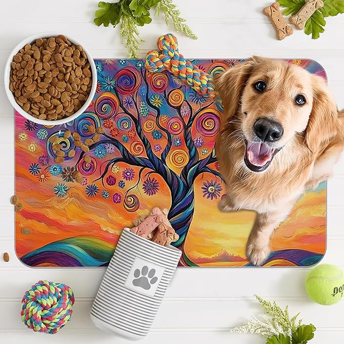 Abstract Tree Flowers Dog Food Mat for Floors,Color Absorbent Pet Food and Water Bowl Mats,Non-Slip Pet Feeding Mat,Pet Supplies 12" x 20"
