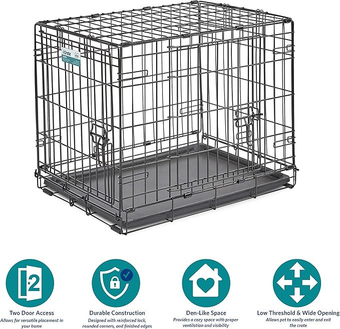 MidWest Homes for Pets 24-Inch iCrate for Small Breeds, 12-20 lbs, Double Door Folding Dog Crate with Divider Panel, Leak-Proof Tray & Secure Latches, Portable, Durable & Easy to Assemble