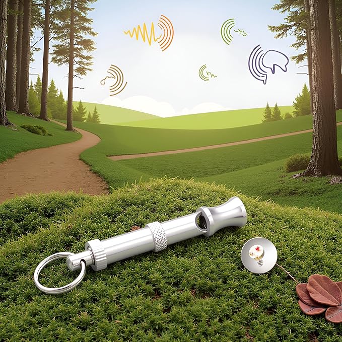 Silver Adjustable Ultrasonic Dog Whistle,Easy to Carry Dog Whistle Keychain,Stainless Steel Portable Whistle Pet Whistle Supersonic Whistle Dog Whistles for Pet Training,Training and Behavior Aids
