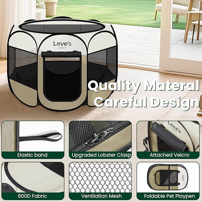 Love's cabin Pet Puppy Dog Playpen, Small Dog Tent Crates Cage Indoor/Outdoor, Portable Playpen for Cat, Foldable Pop Up Dog Kennel Playpen with Carring Case, Removable Zipper Top, Khaki