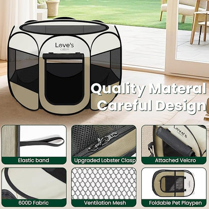 Love's cabin Pet Puppy Dog Playpen, Small Dog Tent Crates Cage Indoor/Outdoor, Portable Playpen for Cat, Foldable Pop Up Dog Kennel Playpen with Carring Case, Removable Zipper Top, Khaki