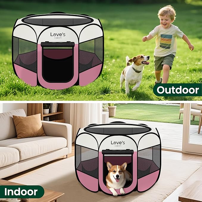 Love's cabin Pet Puppy Dog Playpen, Large Dog Tent Crates Cage Indoor/Outdoor, Portable Playpen for Cat, Foldable Pop Up Dog Kennel Playpen with Carring Case, Removable Zipper Top, Light Pink