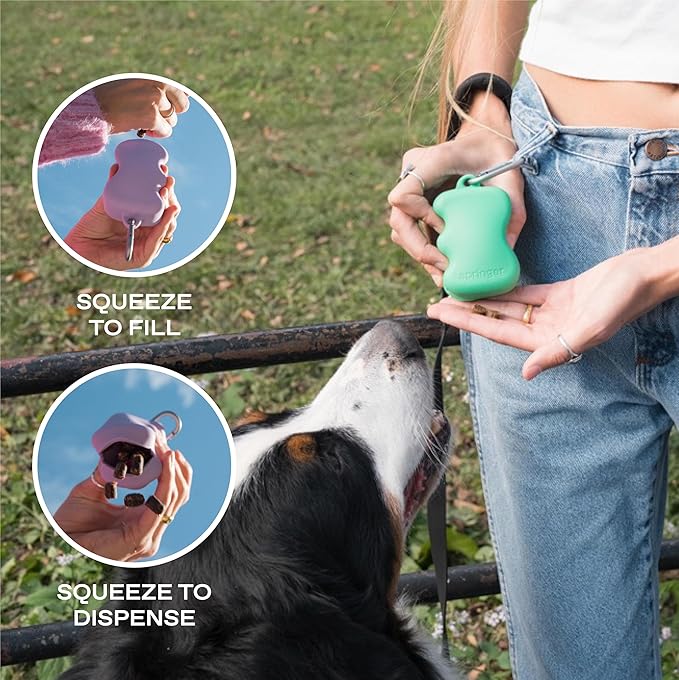 Springer Dog Treat Pouch for Effort-Free Squeeze Dispensing - Easy-fill, Food-Grade Silicone Treat Pouches for Pet Training - Includes Carabiner-Black