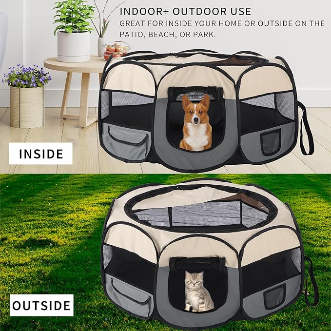 Pet Cat Playpen for Indoor Cats,Puppy Small Dog Cat Tent Crates Cage,Portable Pet Dog Playpen,29x29x16,Grey/Beige,1Pack