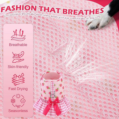 EXPAWLORER Dog Harness Small Medium Sized Dogs, Plaid Dog Dress Bowknot Harness and Leash Set, No Choke No Pull Soft Mesh Vest Cute Princess Puppy Outfits Clothes Costume for Girls Party Cats Pink S