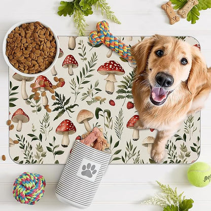 Red Mushroom Pet Feeding Mat,Fern Herb Berries Absorbent Quick-Dry Cat Dog Food and Water Bowl Mats,Non-Slip Rubber Backing Mat,Cat Dog Accessories Supplies 16"x24"